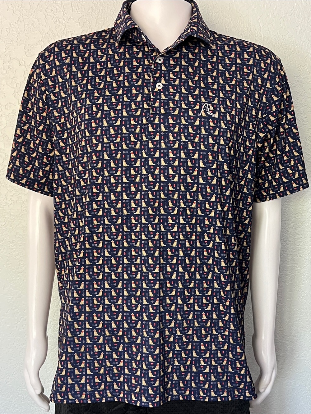 Rhoback The Yellow Lab Dog Print Navy Golf Polo Retriever Stretchy Mens Large